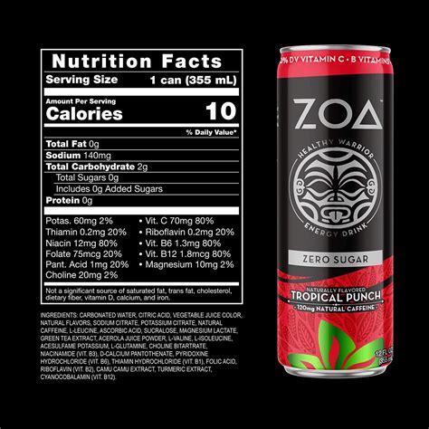 ZOA Sugar Free Tropical Punch Energy Drink - 12 Pack | Healthy Energy with B Vitamins & Amino Acids