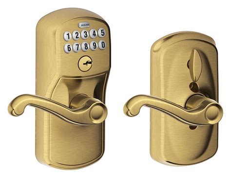 SCHLAGE RESIDENTIAL Electronic Lock, 2-3/8 in to 2-3/4 in Backset, Cylindrical, Antique Brass ...