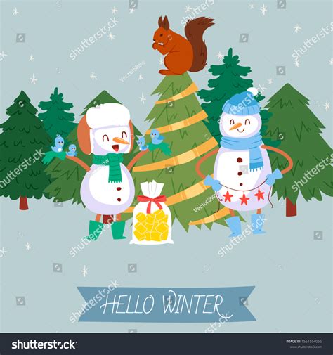 Cute Snowman Winter Forest Vector Illustration Stock Vector (Royalty ...