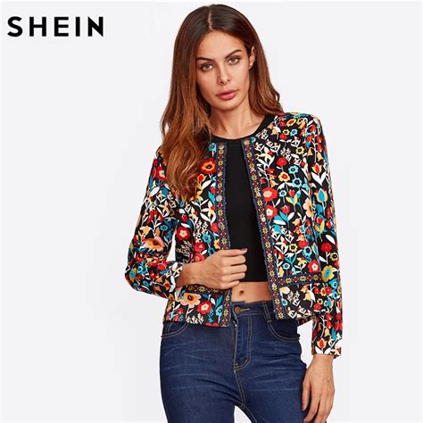 SHEIN Press Button Placket Botanical Jacket Autumn Jacket for Women Multicolor Collarless Single ...