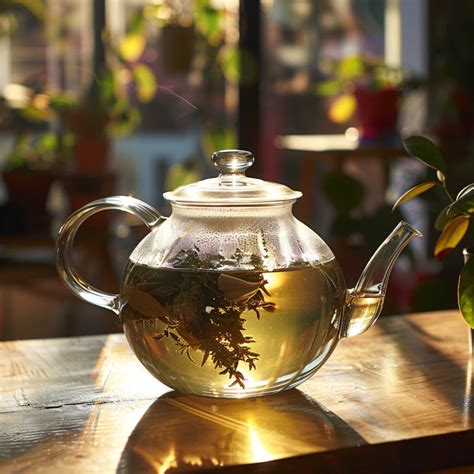 Herbal Tea Steeping in Glass Teapot Under Sunlight Tranquil Tea Time: Glass Teapot with Natural ...