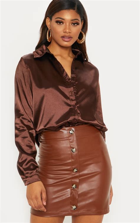 Tall Chocolate Brown Satin Shirt | Tall | PrettyLittleThing