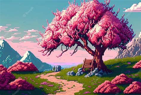 Arbre De Fleur De Cerisier De Saison De Printemps Avec Un Style Pixel ...