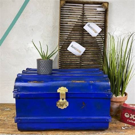 Sml Industrial Blue Steamer Trunk Chest Coffee Table Storage Box | Vinterior