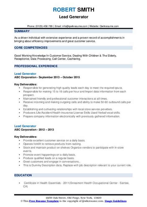 Lead Generator Resume Samples | QwikResume