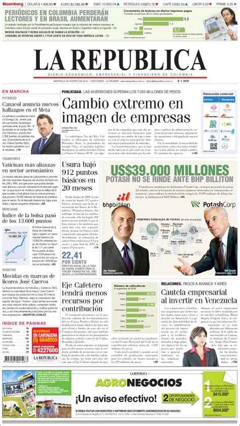 Periódico La Republica (Colombia). Periódicos de Colombia. Edición de ...