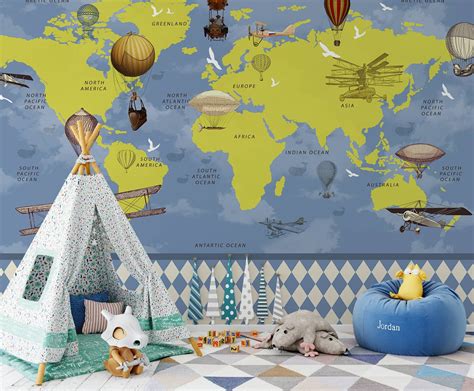 Geographical Cartoon World Map Wallpaper With Fire Balloon - Etsy