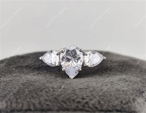 Pear Shaped Moissanite Ring, 3 Stone Moissanite Engagement Ring, 925 Silver Trilogy Wedding Ring ...