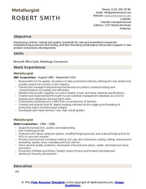 Metallurgist Resume Samples | QwikResume