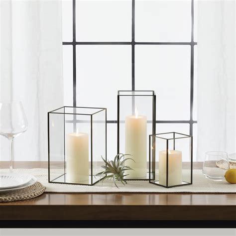 Set of 3 Square Glass Hurricane Candle Holders, Clear Glass Framed in ...