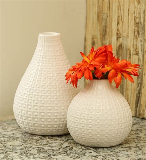 Buy White Ceramic Round Glazed Decorative Vase - Set of 2 by Aapno Rajasthan Online - Ceramic ...