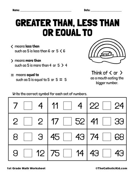 Greater Than or Less Than - 1st Grade Math Worksheet Catholic ...