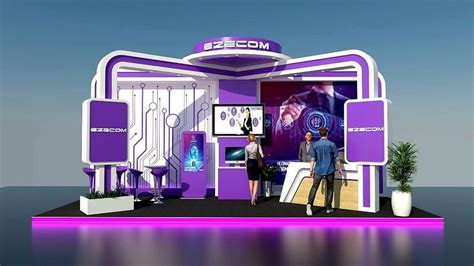 two people are standing in front of a purple booth that is set up for an event