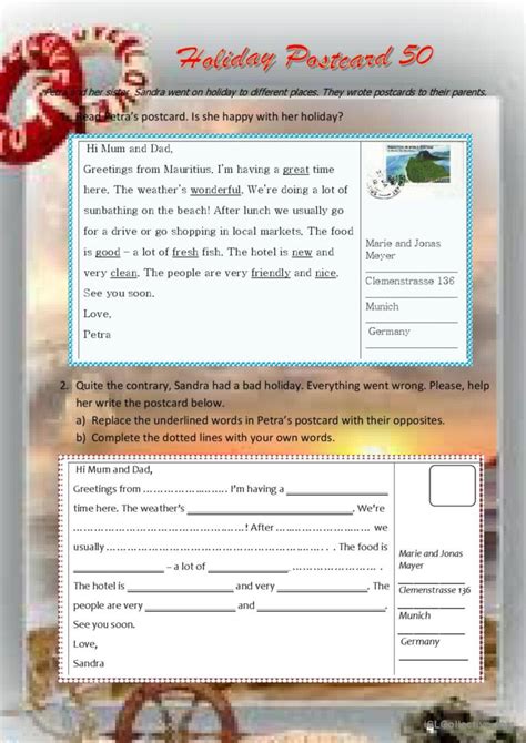 Holiday Postcard 50 reading for deta…: English ESL worksheets pdf & doc