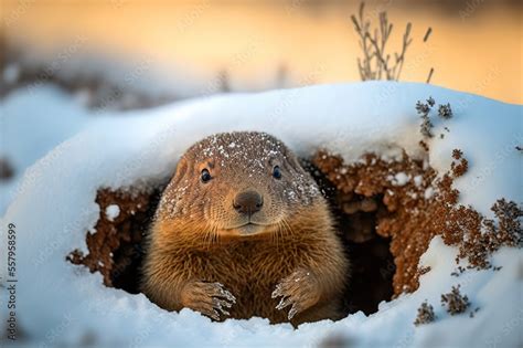 Cute Groundhog Crawling Out of Hole in Snow Captivates Crowd on Groundhog Day. Stock ...