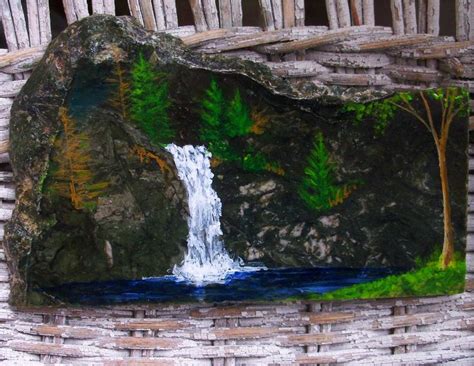 Rock painting art, Painting scenery, Painting waterfall