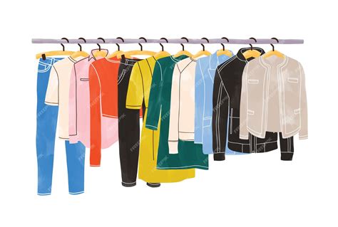 Premium Vector | Colored clothes or apparel hanging on hangers on garment rack or rail isolated ...