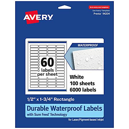 Avery Waterproof Permanent Labels With Sure Feed 94204 WMF100 Rectangle 12 x 1 34 White Pack Of ...