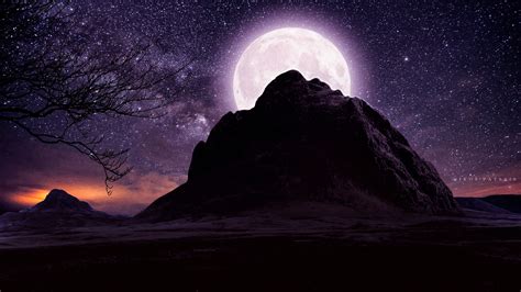 Full Moon Over Mountain On Starry Night, HD 4K Wallpaper