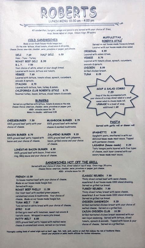 Roberts Restaurant & Deli menu – SLC menu