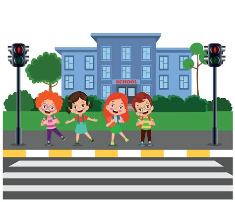 Cute school kids with backpacks waiting for stop sign at pedestrian traffic light to cross at ...
