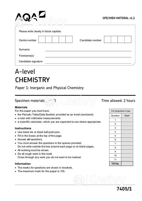AQA A-level CHEMISTRY Paper 1: Inorganic and Physical Chemistry QP 2021