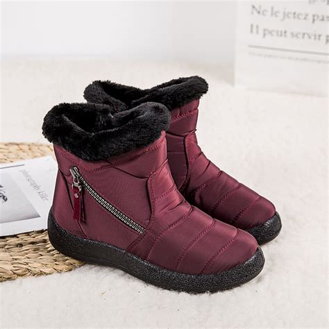 Women Waterproof Snow Boots Fur Lined Slip On Ankle Booties Zipper ...