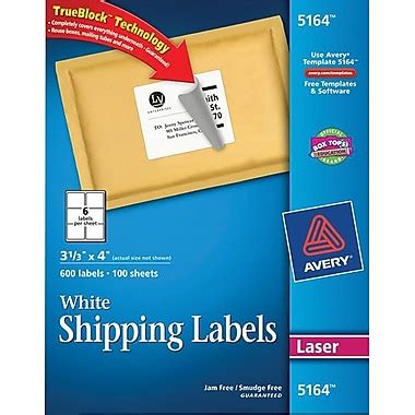 Avery Laser Shipping Labels with TrueBlock™, 3-1/3" x 4", White, 600/Box (5164) | Staples®