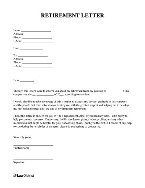 Free Retirement Resignation Letter Template | Samples & PDF | LawDistrict