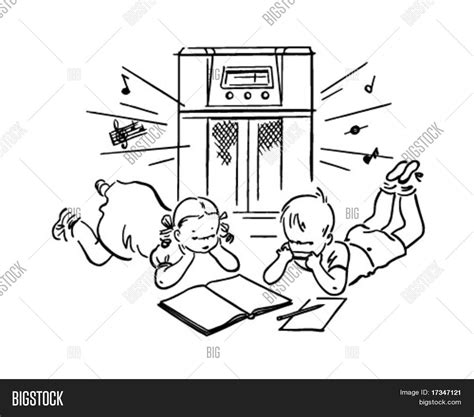 Children Listening Radio - Retro Vector & Photo | Bigstock