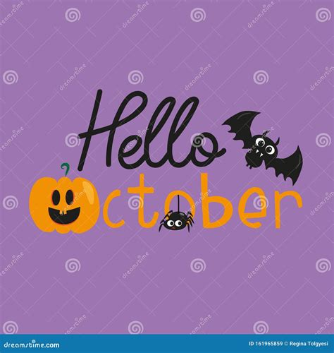 Hello October Halloween Text, with Cute Bats, Pumpkin, and Ghost, on ...