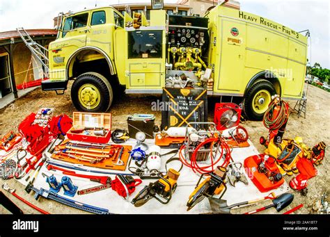 A collection of equipment carried by a heavy rescue fire truck in ...