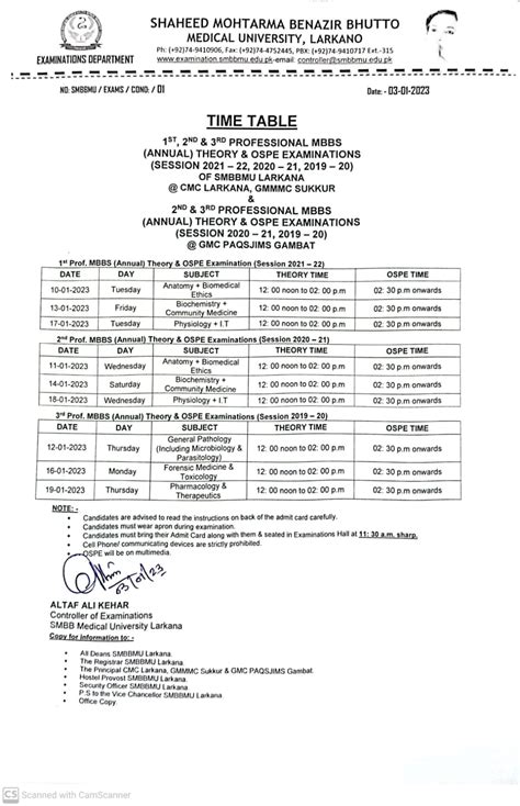 SMBBMU Larkana 1st 2nd and 3rd Prof MBBS Annual Exam 2022 Schedule ...