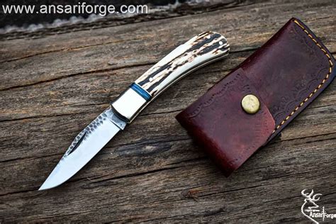 Custom made high carbon steel forged stag handle pocket knife | Ansari Forge