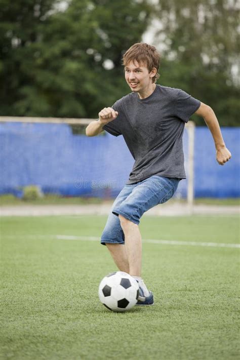 Teenager Run Soccer Football Player. Boy with Ball on Green Gr Stock Image - Image of play ...