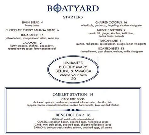 Menu at Boatyard restaurant, Fort Lauderdale, SE 17th St