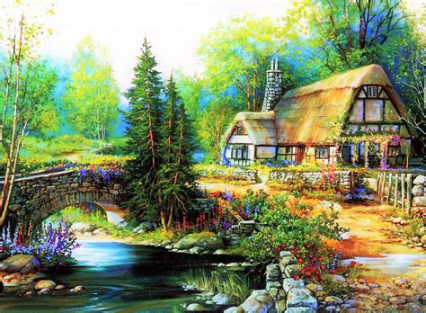 Download Colorful Bridge River Cottage Artistic Painting Art