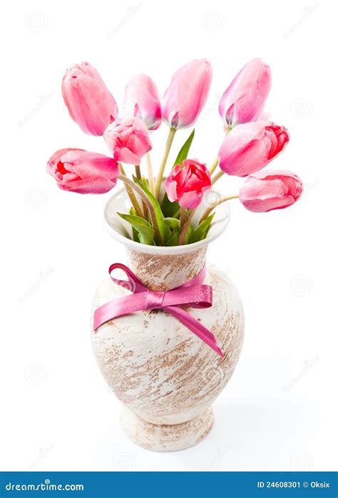 Pink tulips in vase stock image. Image of isolated, flowerpot - 24608301