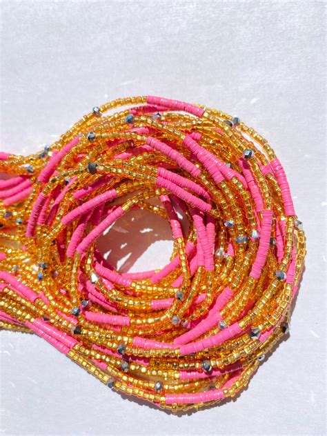 Waist Bead - Gold & Pink WaistBeads- vinyl mixed with glass seed beads, waisttrainer Weightloss ...