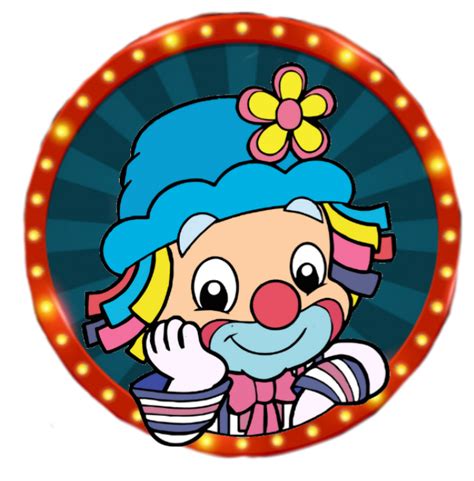 a cartoon clown with a big smile on his face in front of a light up sign