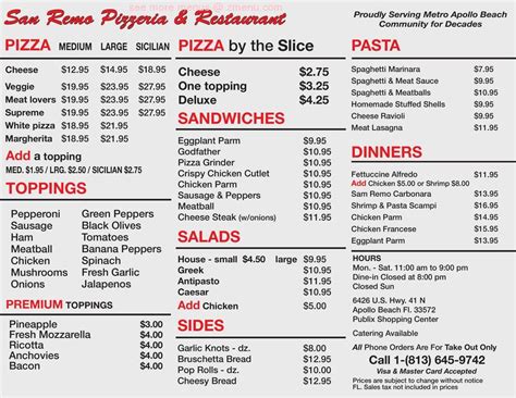 Online Menu of San REMO Pizza Restaurant Restaurant, Apollo Beach ...