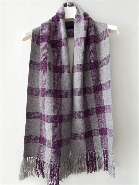 Woven grey-violet plaid alpaca scarf women's scarf | Etsy