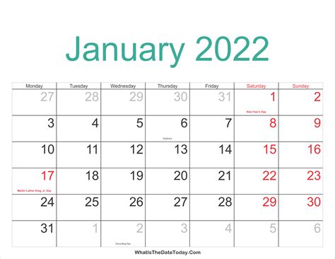 January 2022 Calendar Printable with Holidays | Whatisthedatetoday.Com