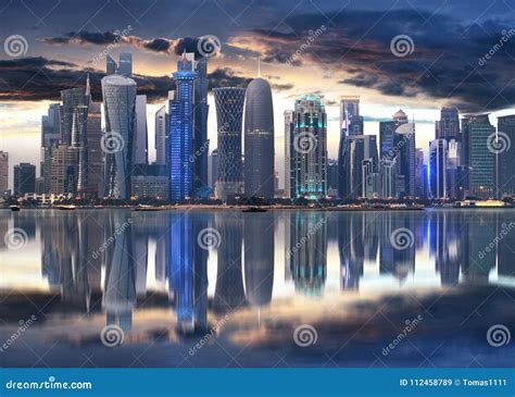 Doha City Skyline City Center at Night, Qatar Stock Image - Image of ...