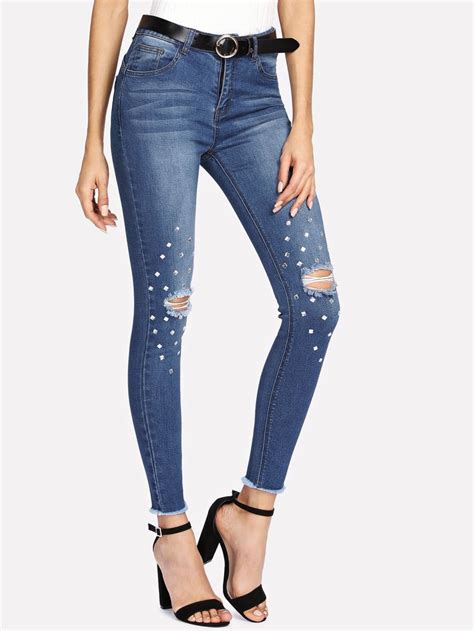 Shop Rhinestone Detail Ripped Jeans online. SheIn offers Rhinestone ...