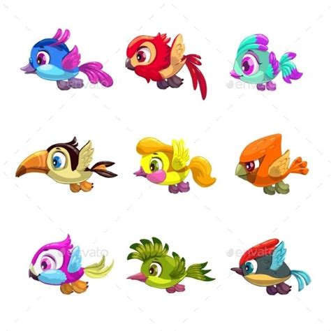 Little cute cartoon lying birds set. Vector icons, isolated on white ...