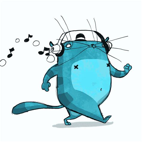 a blue cartoon character with music notes coming out of his ears and eyes, running