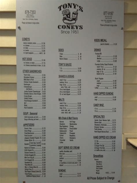 Menu at Tony's Coneys restaurant, Columbus