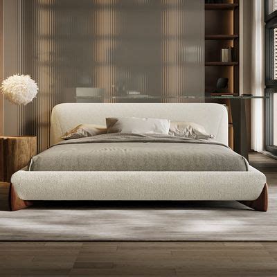 Modern White Boucle Platform Bed King Size Bed Frame with Upholstered Headboard-Homary