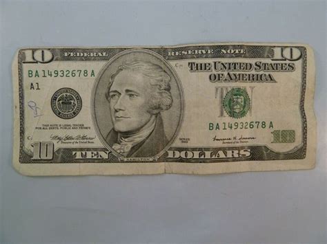 Error $10 Dollar Bill Series 1999 USA Misaligned Misprint Irregular ...